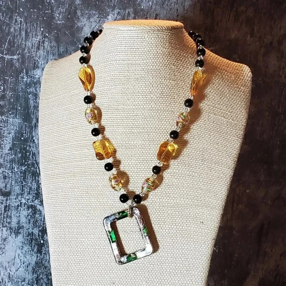 Lampwork Glass Black Amber Clear Geometric Pendant Handcrafted Necklace - Picture 1 of 12
